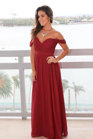 Burgundy Off Shoulder Maxi Dress with Pleated Top