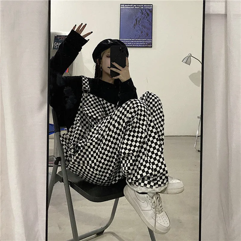 Checkered Skater Aesthetic Front Pocket Loose Overalls