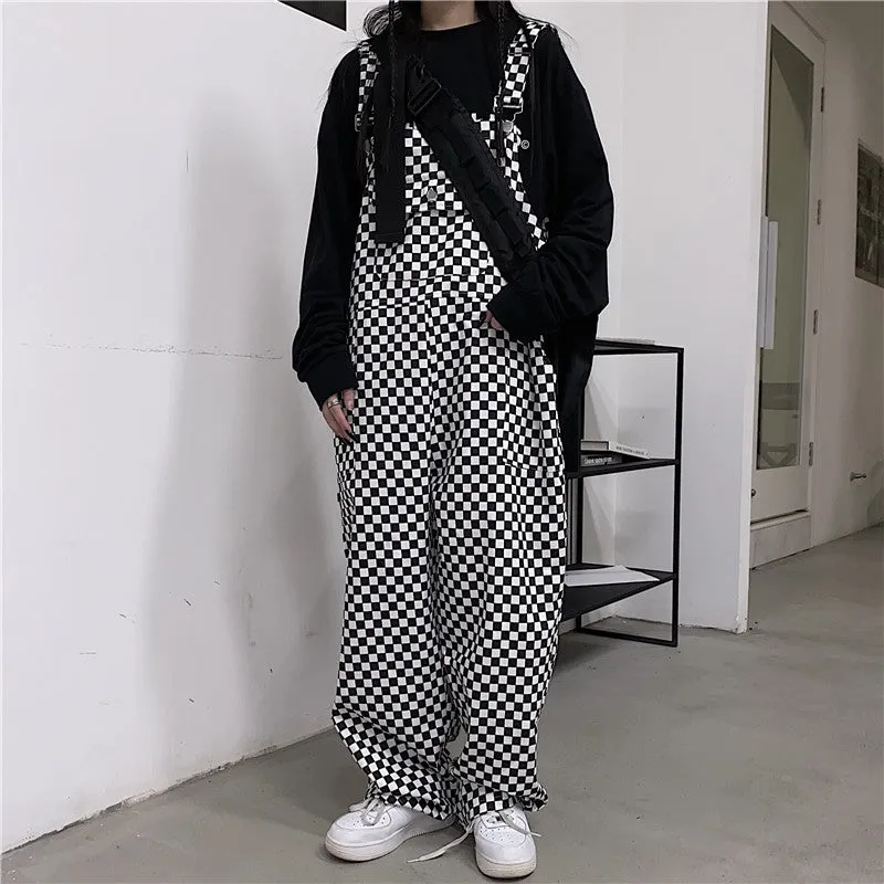 Checkered Skater Aesthetic Front Pocket Loose Overalls