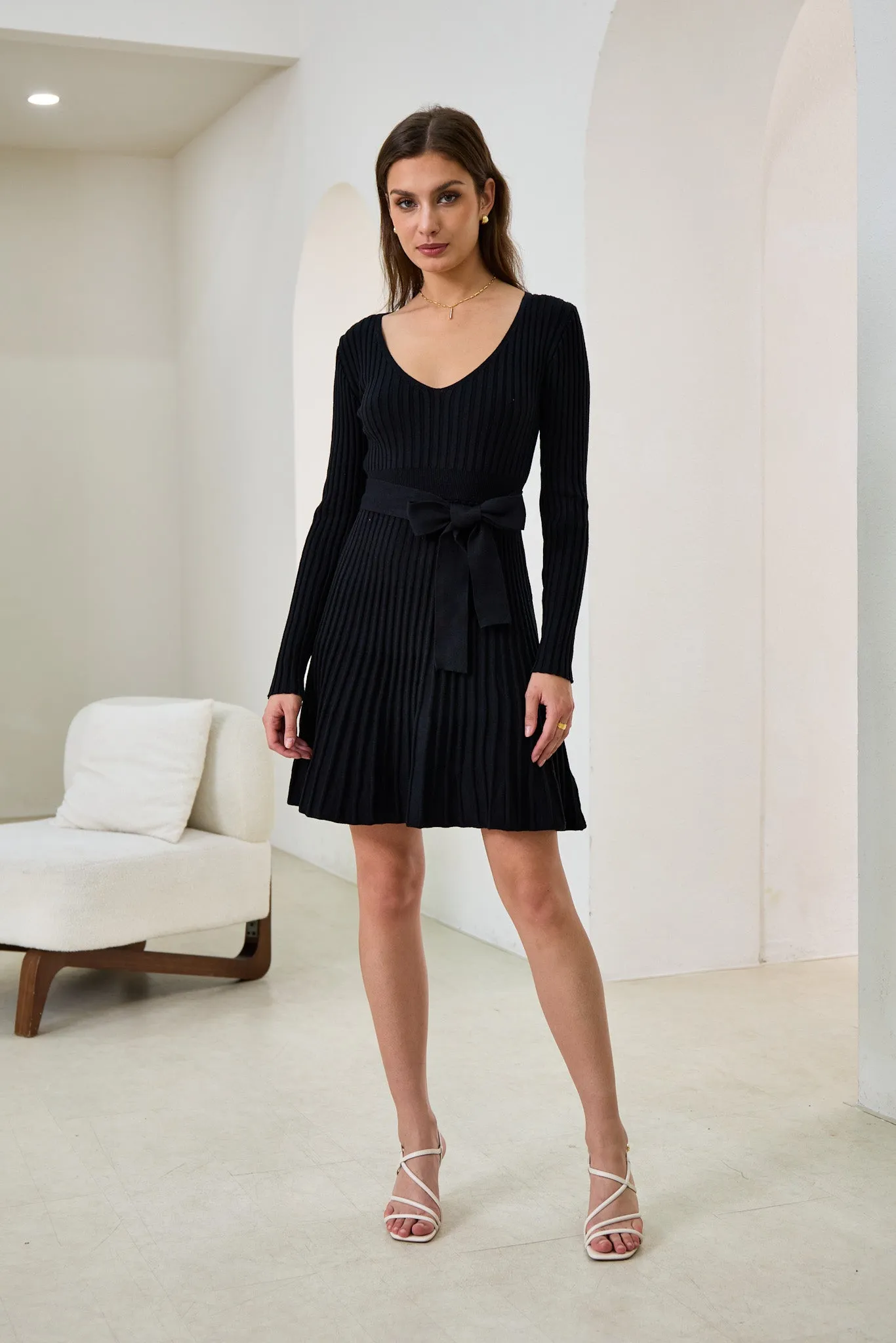 Cina Black Pleated Knit Mini Dress