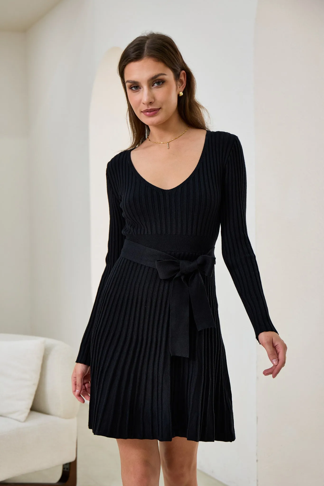 Cina Black Pleated Knit Mini Dress