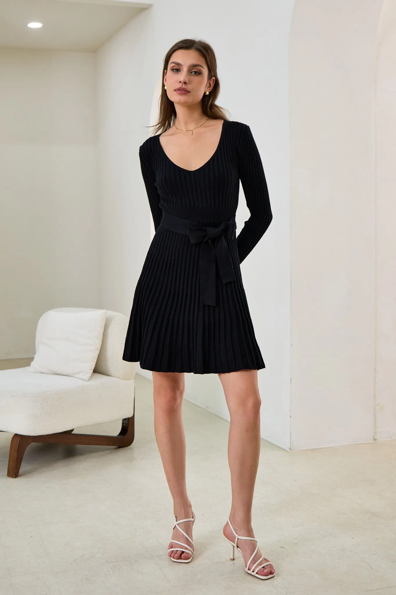 Cina Black Pleated Knit Mini Dress