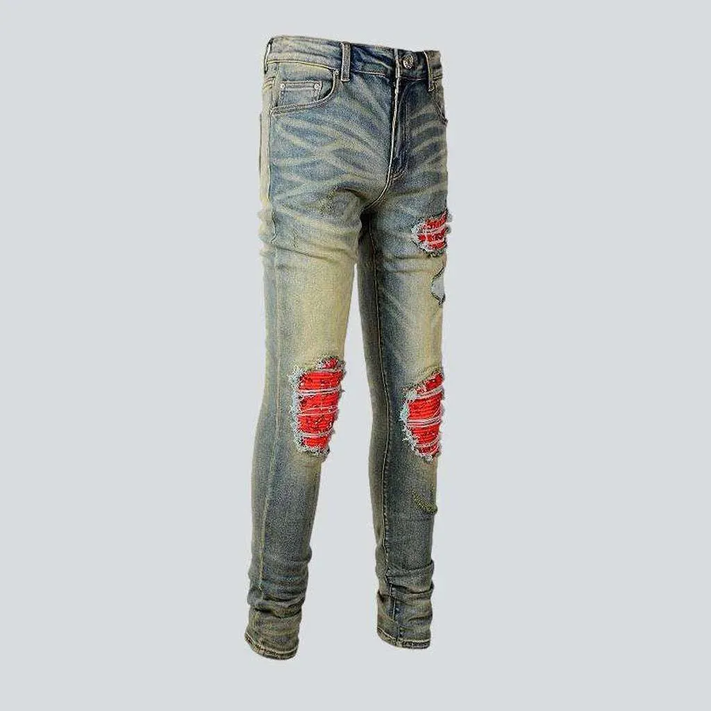 Cracked patch skinny men's jeans