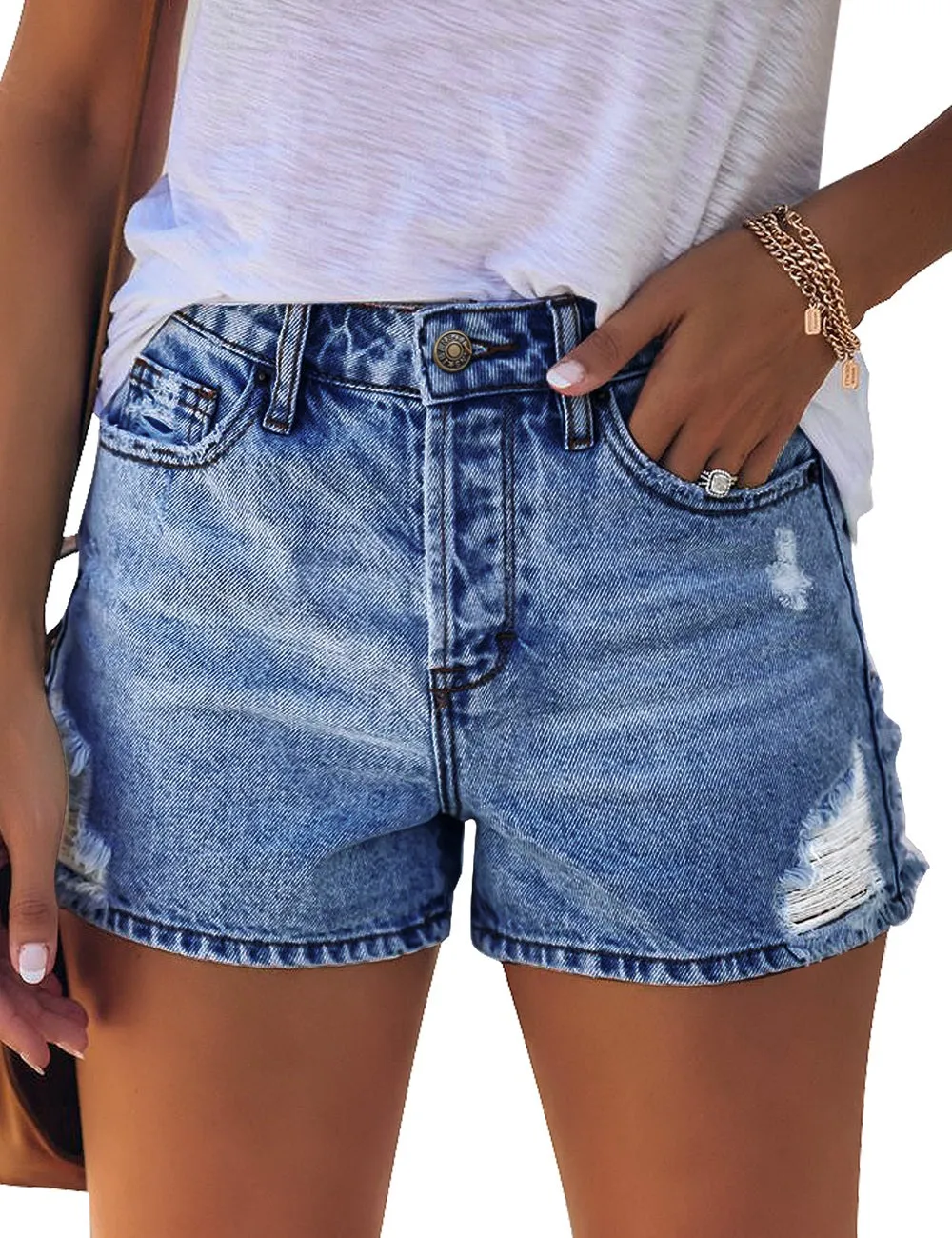 Deep Blue Mid-Waist Distressed Washed Denim Shorts