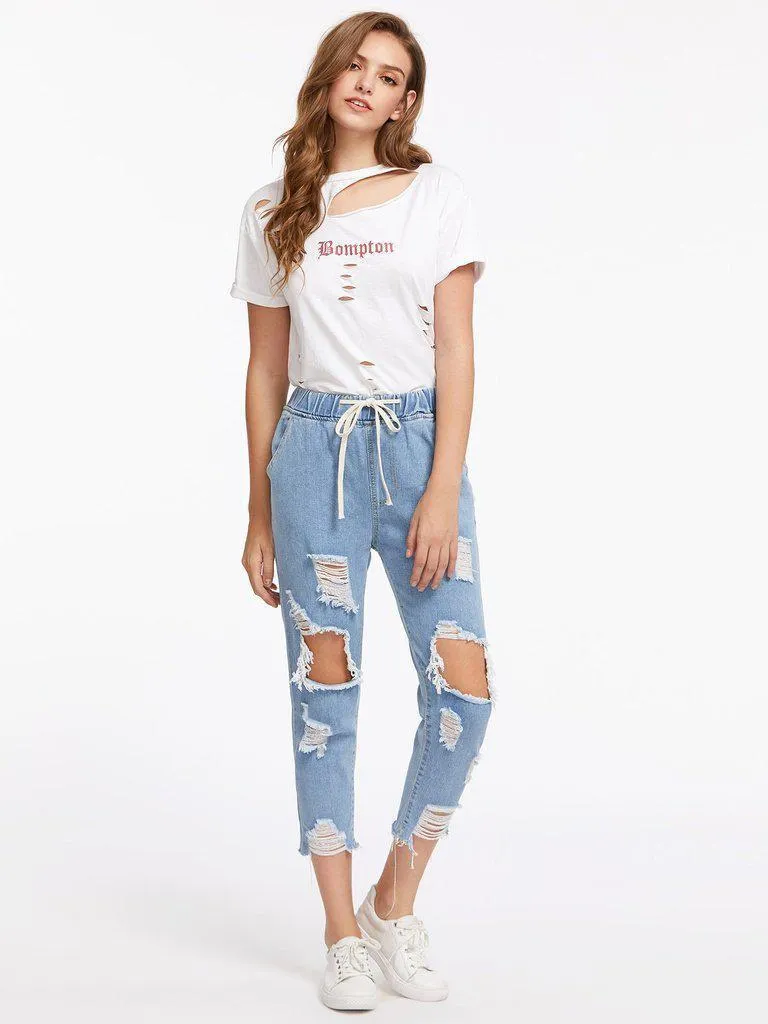 Destroyed Raw Hem Drawstring Waist Crop Jeans