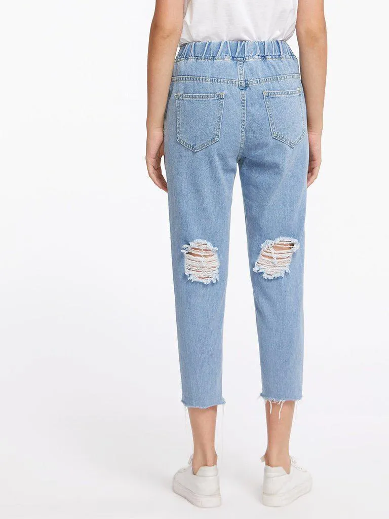 Destroyed Raw Hem Drawstring Waist Crop Jeans