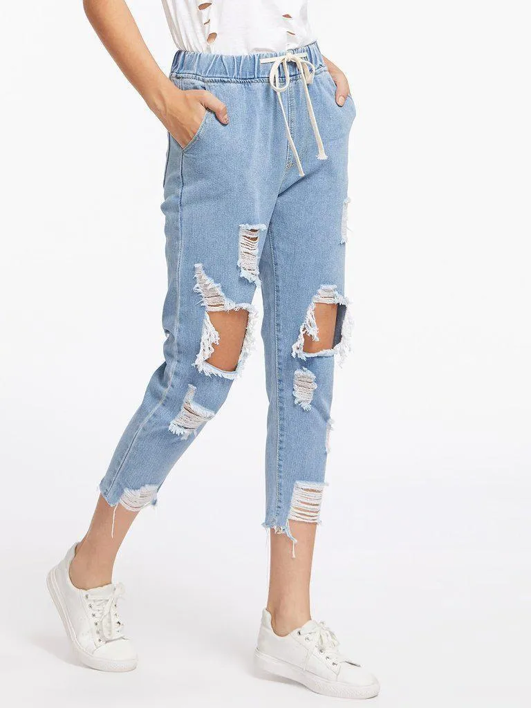 Destroyed Raw Hem Drawstring Waist Crop Jeans