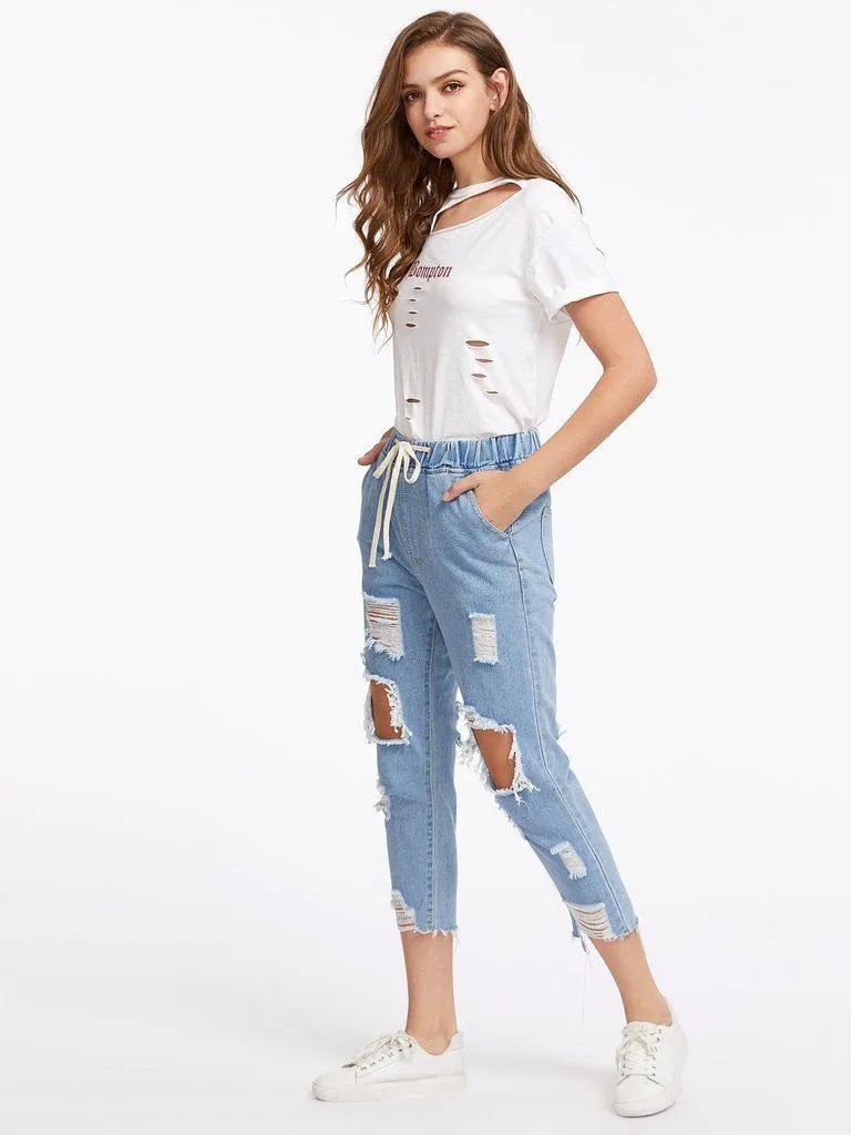 Destroyed Raw Hem Drawstring Waist Crop Jeans