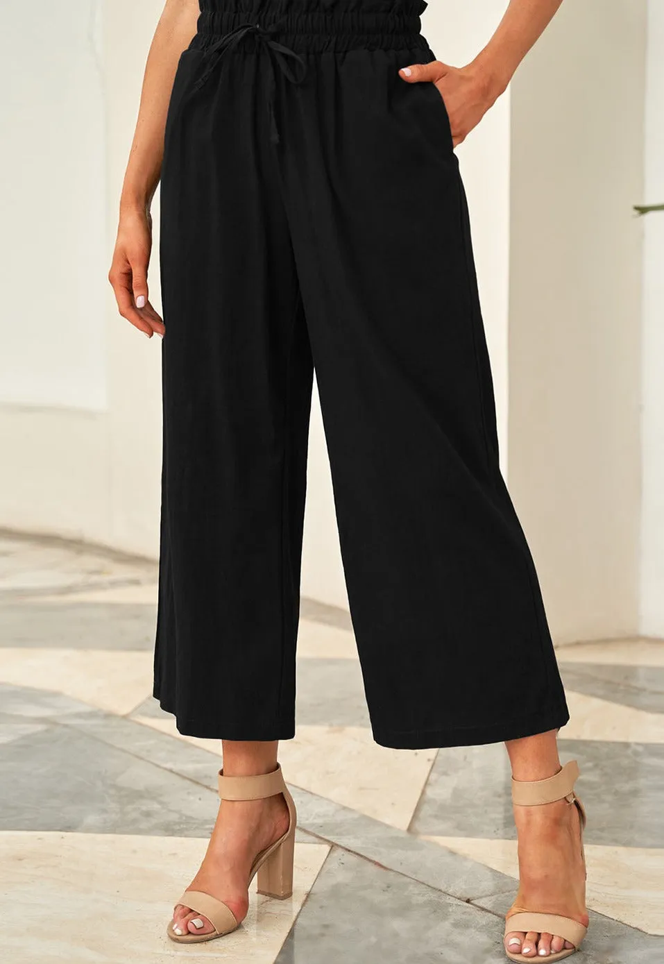 Drawstring Paperbag Waist Wide Leg Pants