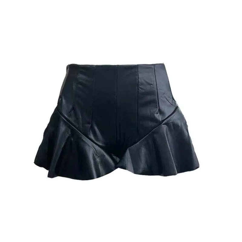 Faux Leather Pleated Skirt Shorts