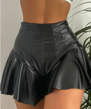 Faux Leather Pleated Skirt Shorts