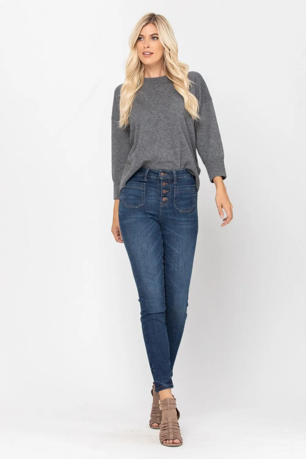 FINAL SALE - Button Fly Patch Pocket Skinny Jeans