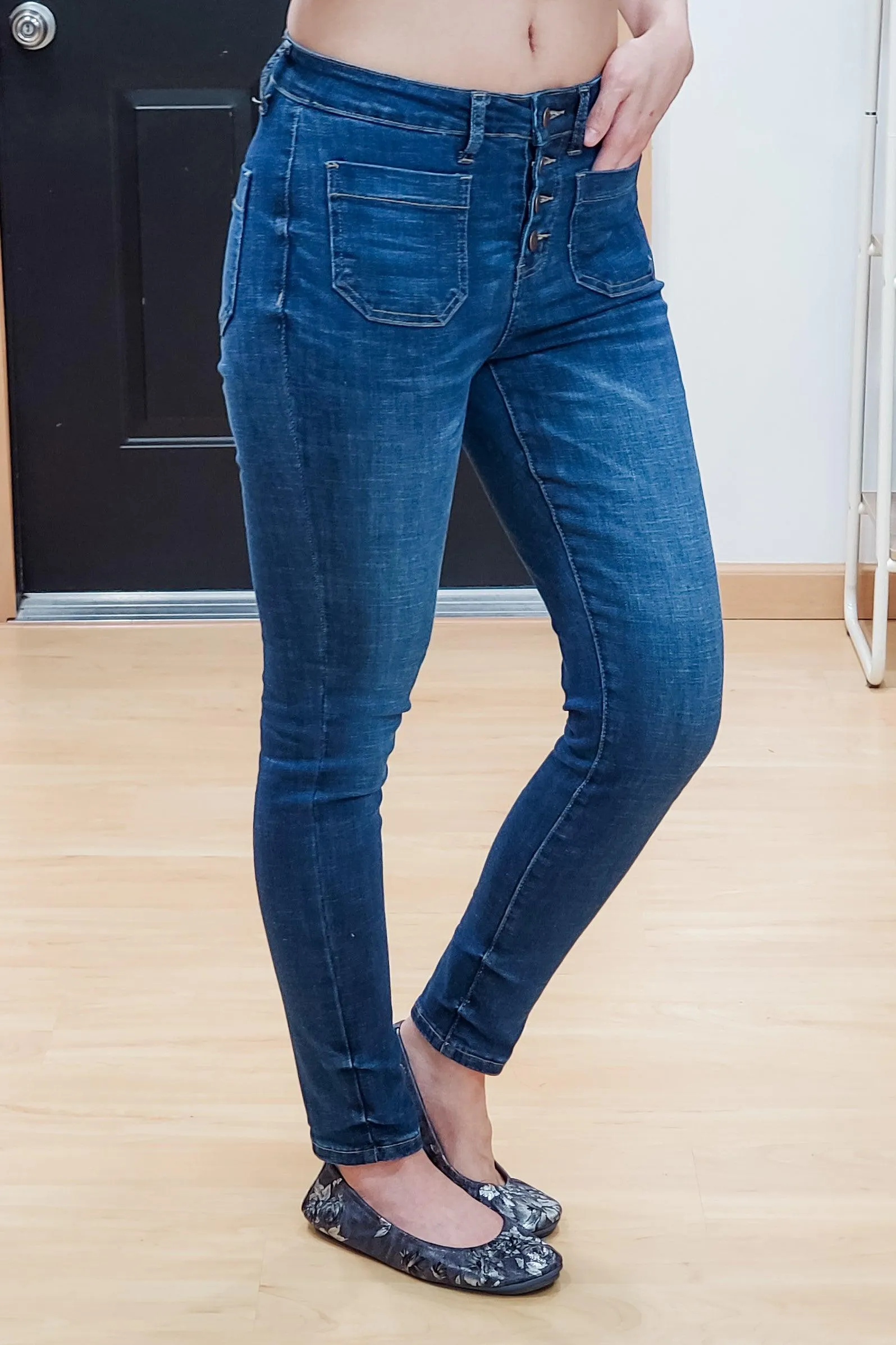 FINAL SALE - Button Fly Patch Pocket Skinny Jeans