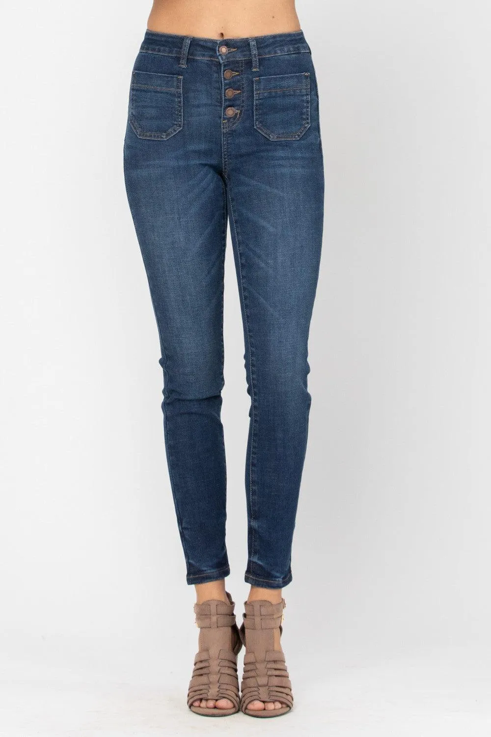 FINAL SALE - Button Fly Patch Pocket Skinny Jeans