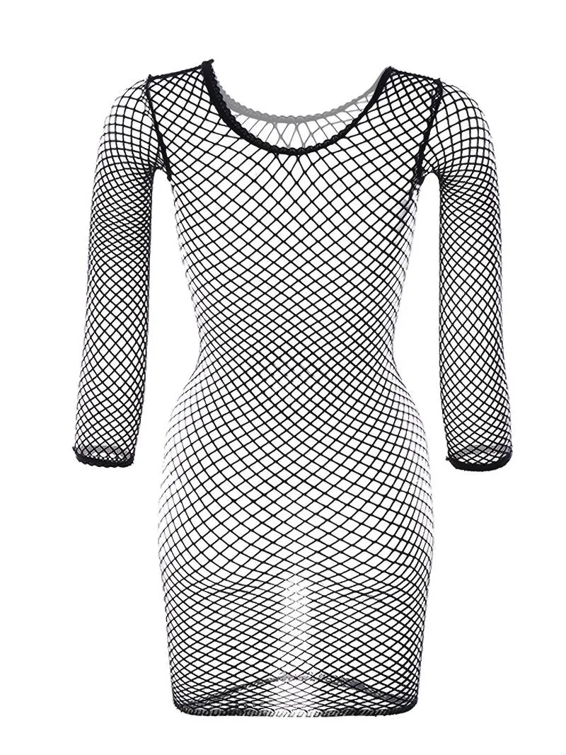 Fishnet Bodystocking roudn neck mini skirt top womens lingerie