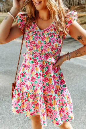 Floral Ruffle Trim Smocked Dress