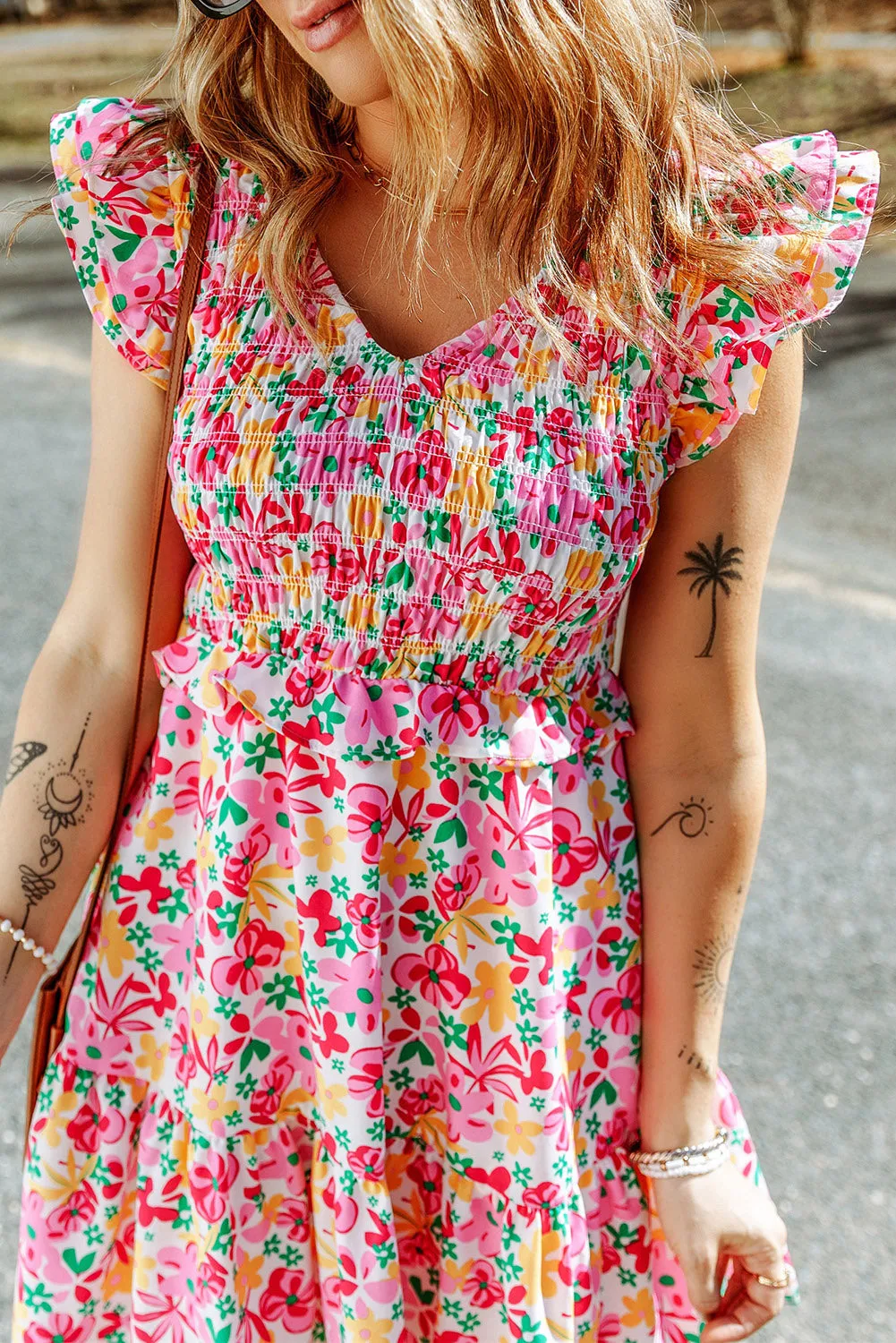 Floral Ruffle Trim Smocked Dress