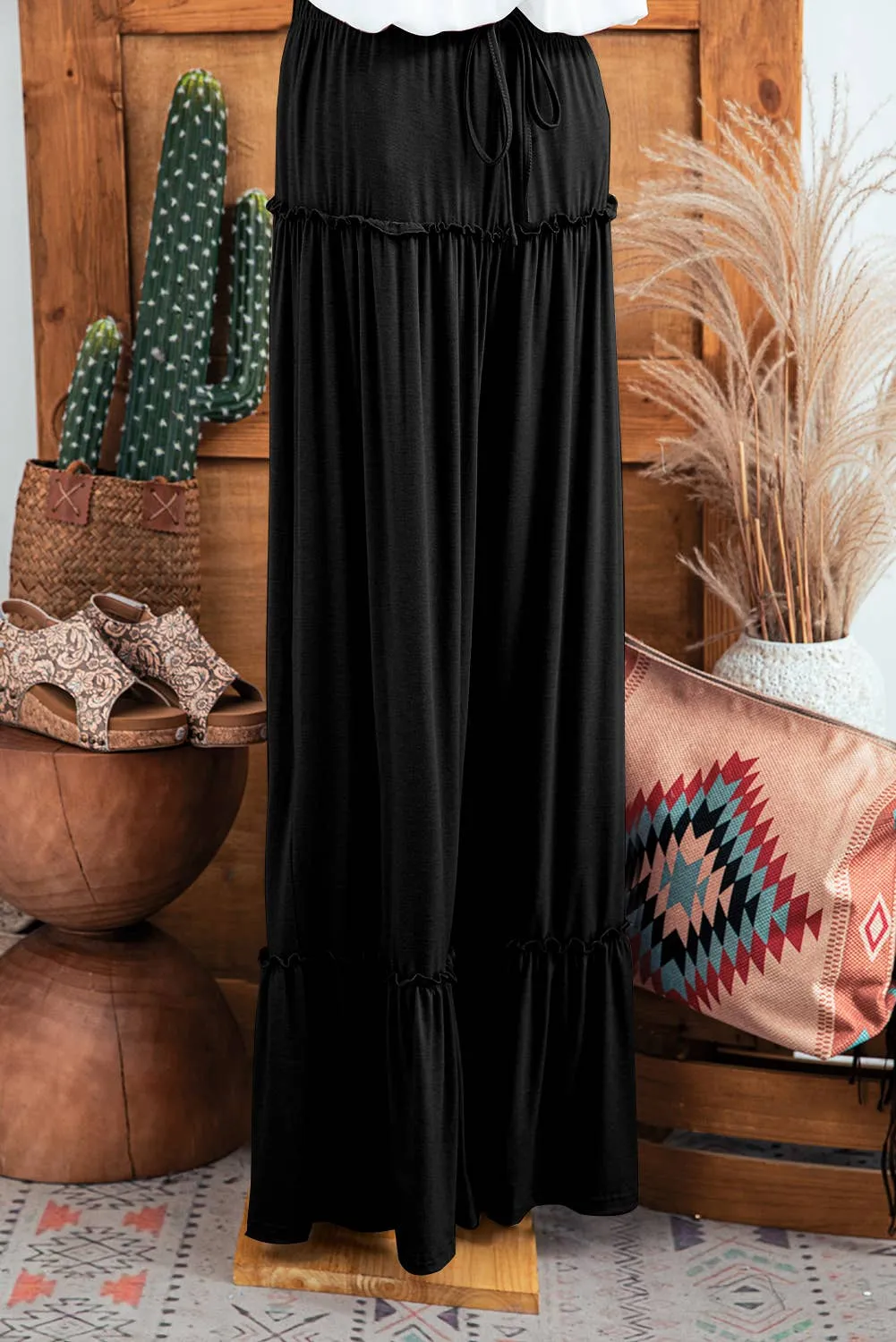 Frilled Drawstring High Waist Wide Leg Pants