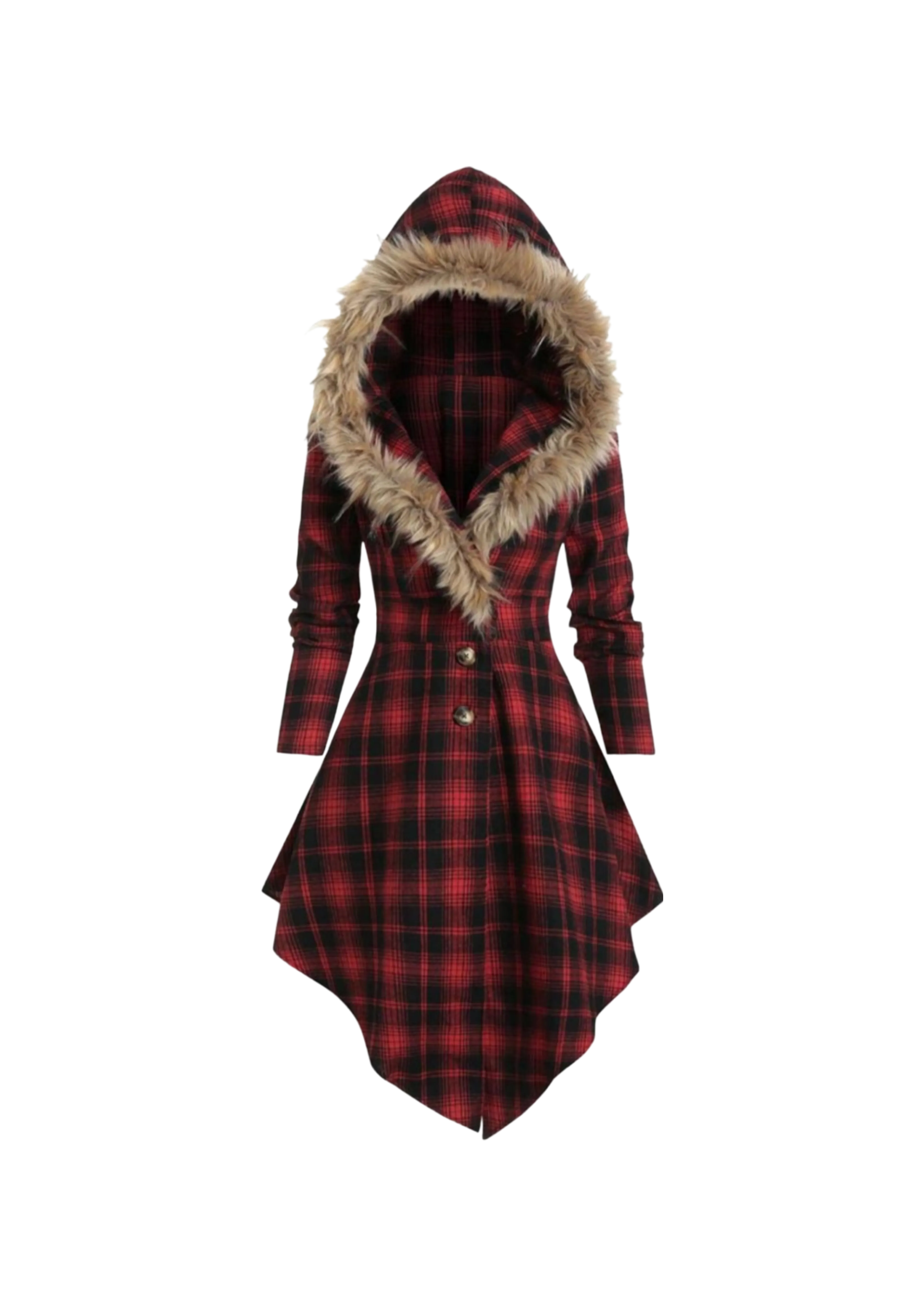 Fur collar hooded slim plaid back mid-length jacket