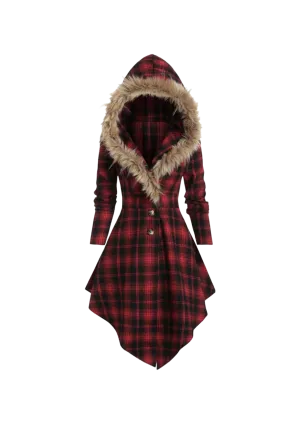 Fur collar hooded slim plaid back mid-length jacket