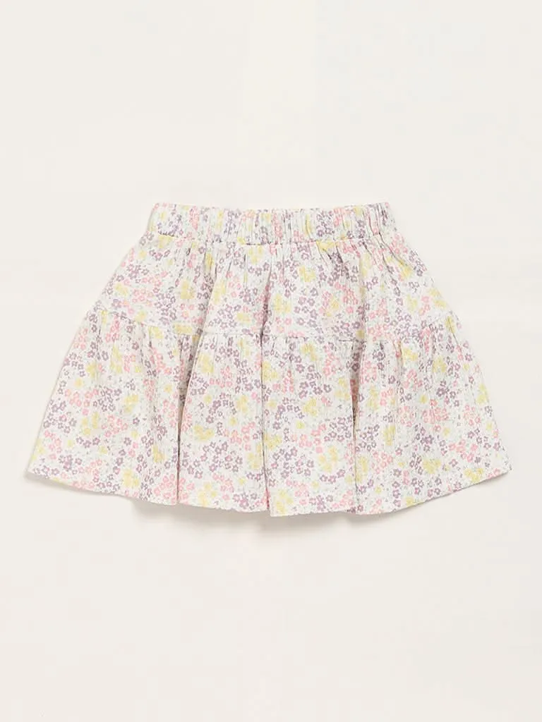 HOP Kids Floral Print White Pleated Skirt