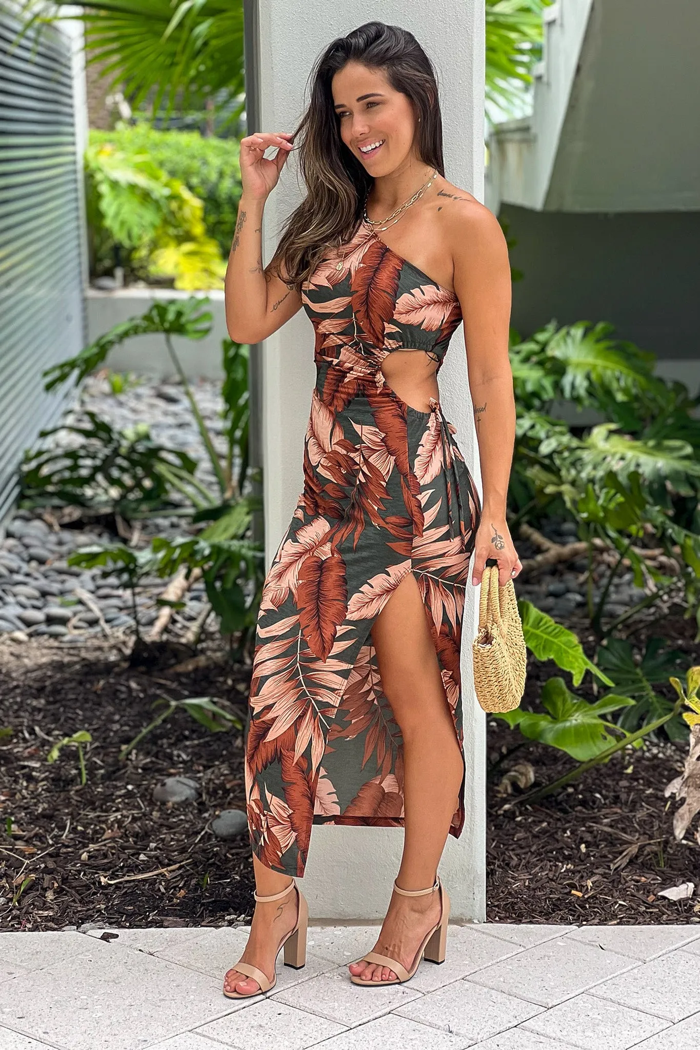 Hunter Green Printed One Shoulder Midi Dress