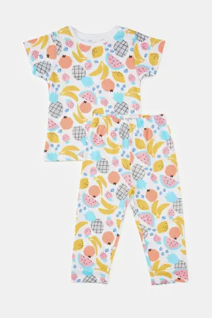 Infant Girls White Fruits Print Pyjama Set (2 Piece)