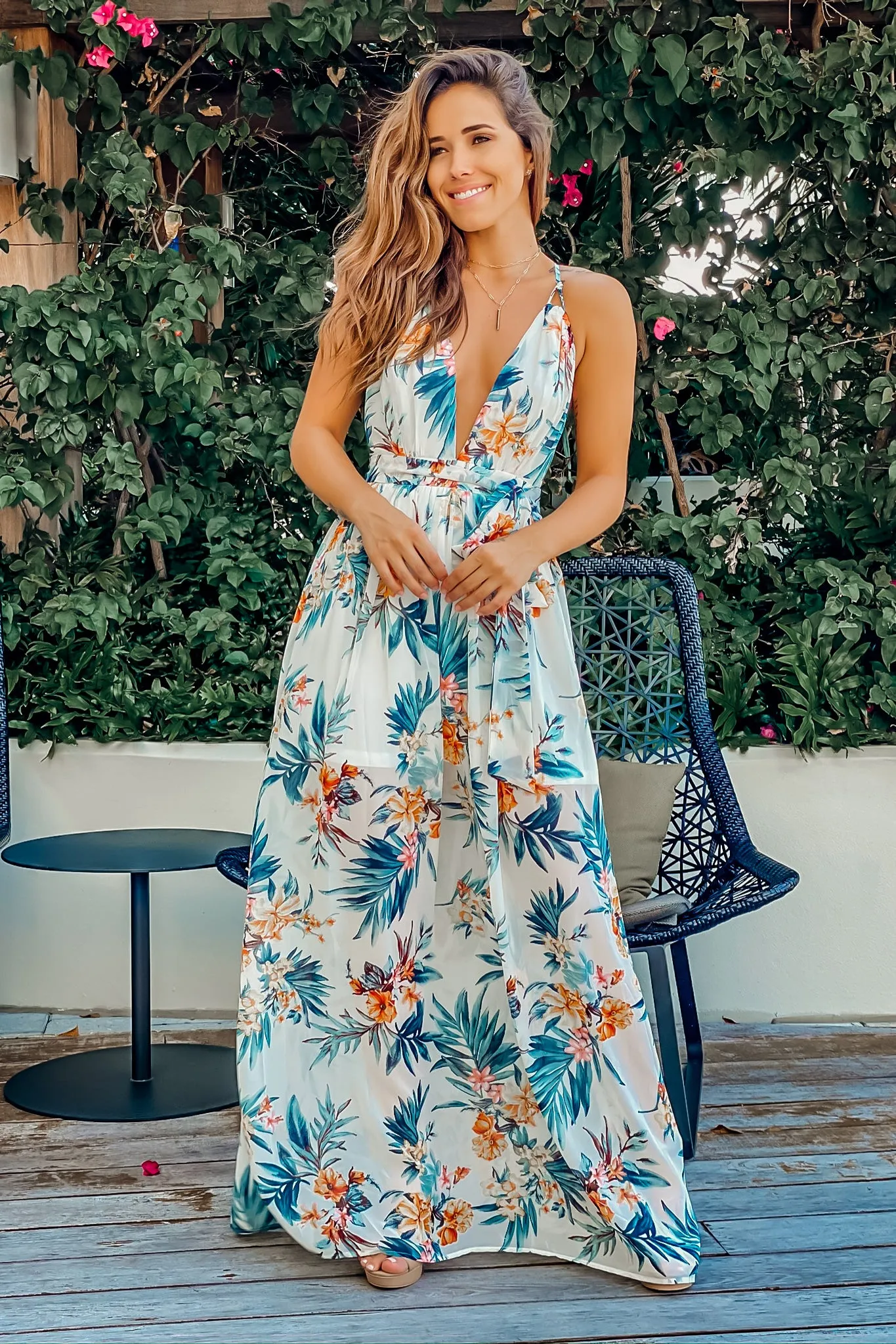 Ivory Tropical V-Neck Maxi Dress