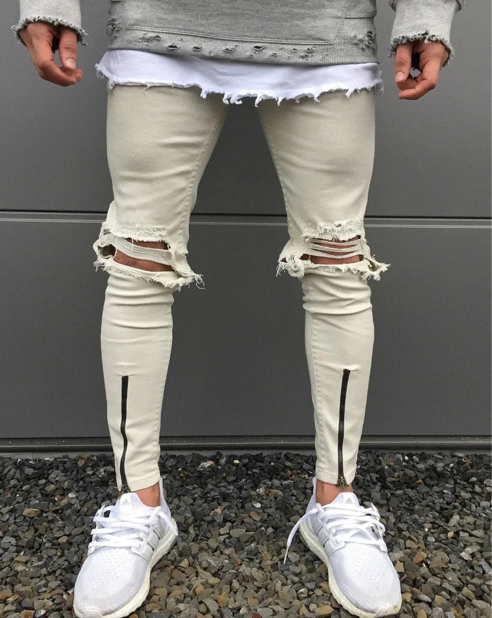 Khaki Skinny Knee Ripped Ankle Zipper Jeans