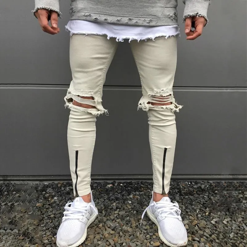 Khaki Skinny Knee Ripped Ankle Zipper Jeans