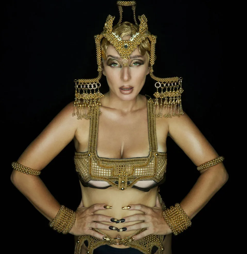 Khutulun Modular Top in Gold w/ Black Leather Bra