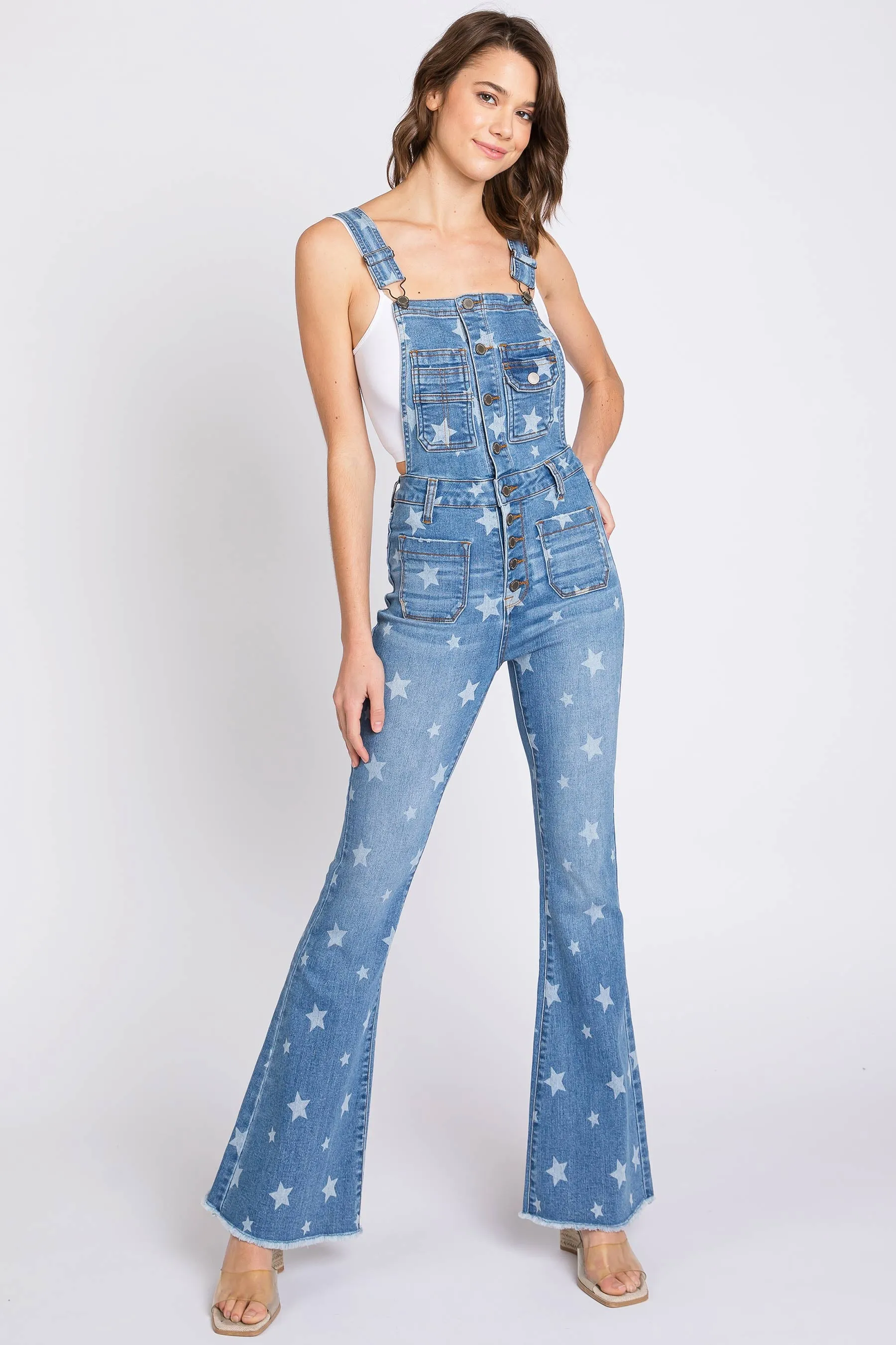 Lana Roux Star Print Button Denim Flare Overalls