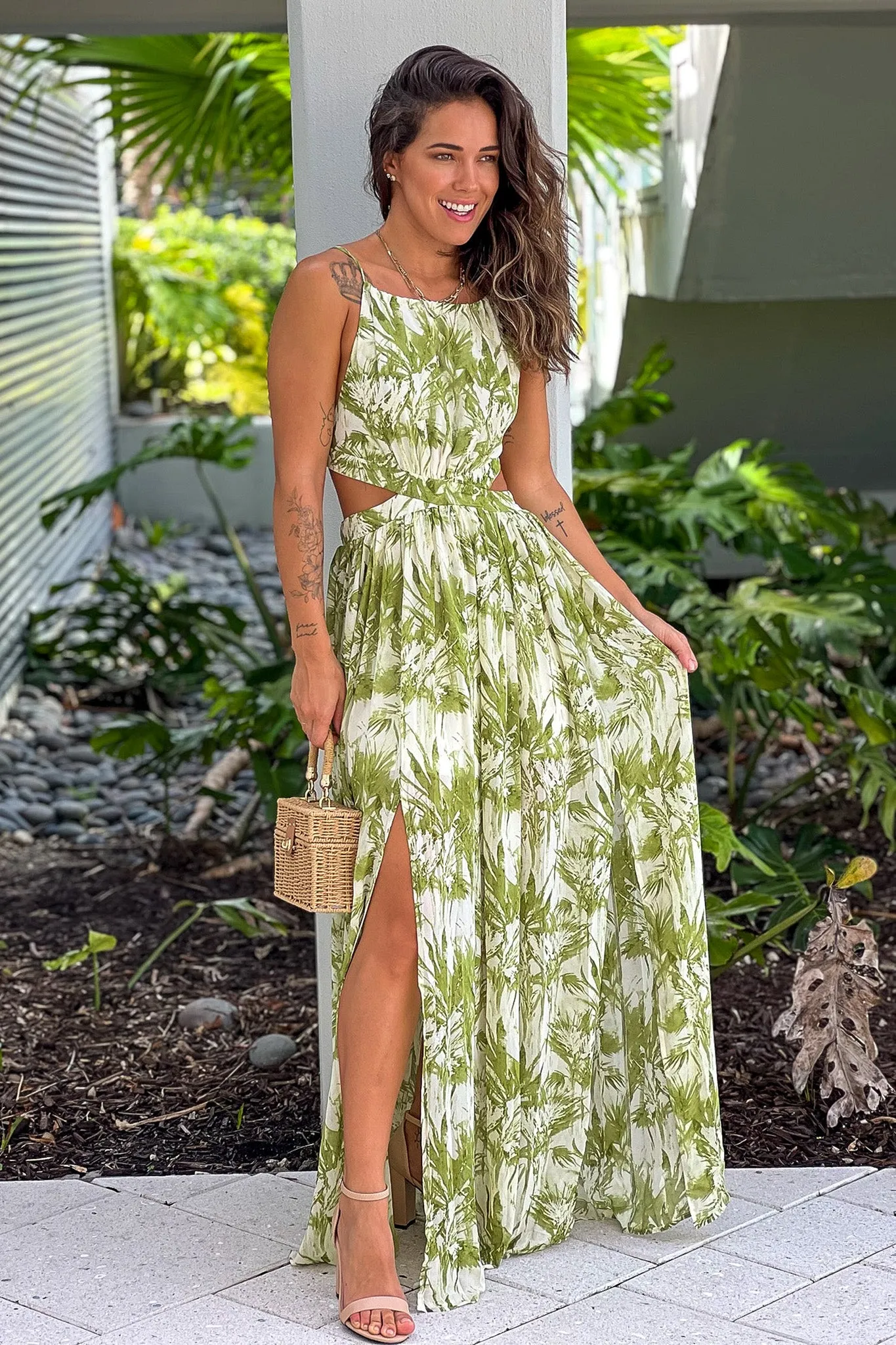 Lime Printed Maxi Dress With Slit