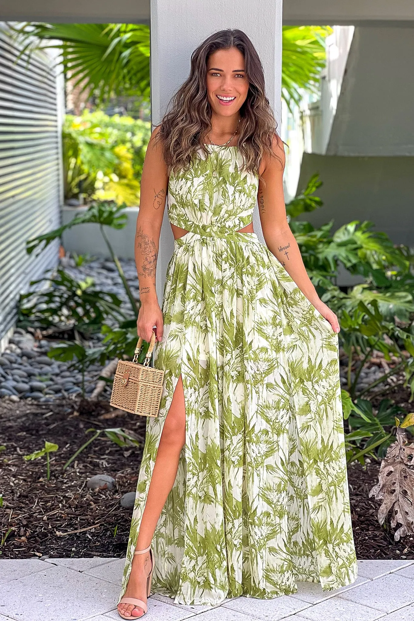 Lime Printed Maxi Dress With Slit