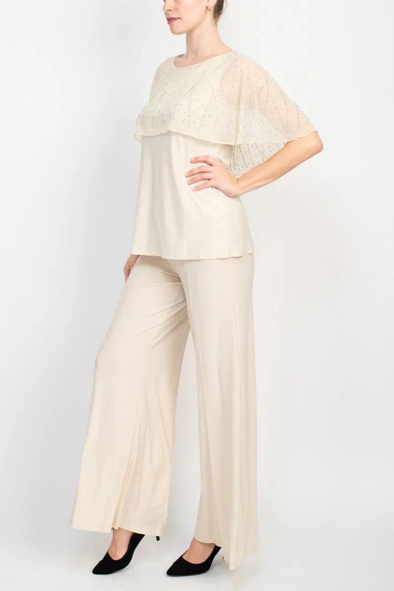 Marina Boat Neck Embellished Capelet Sleeve Solid Top and Elastic Mid Waist Wide Leg wo Piece Pant Set