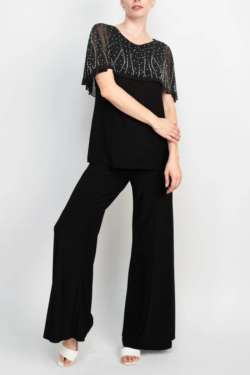 Marina Boat Neck Embellished Capelet Sleeve Solid Top and Elastic Mid Waist Wide Leg wo Piece Pant Set