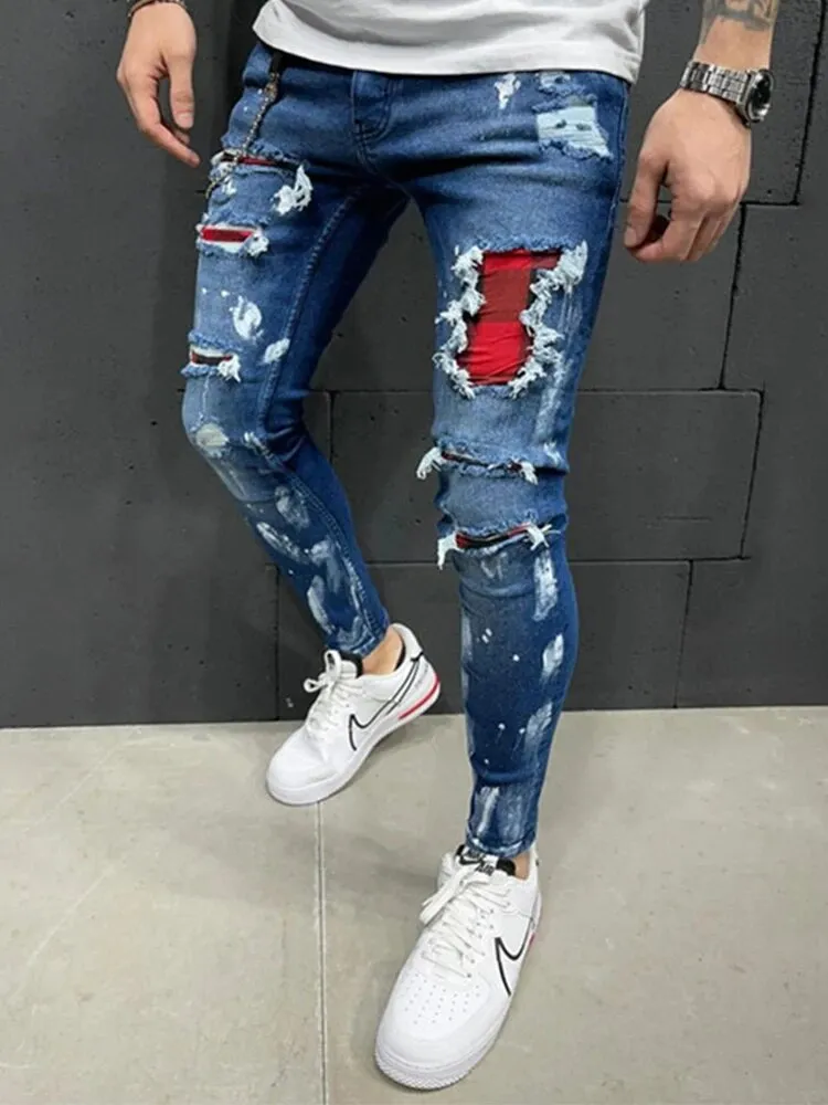 Men's Patchwork Cotton Stretch Ripped Skinny Jeans