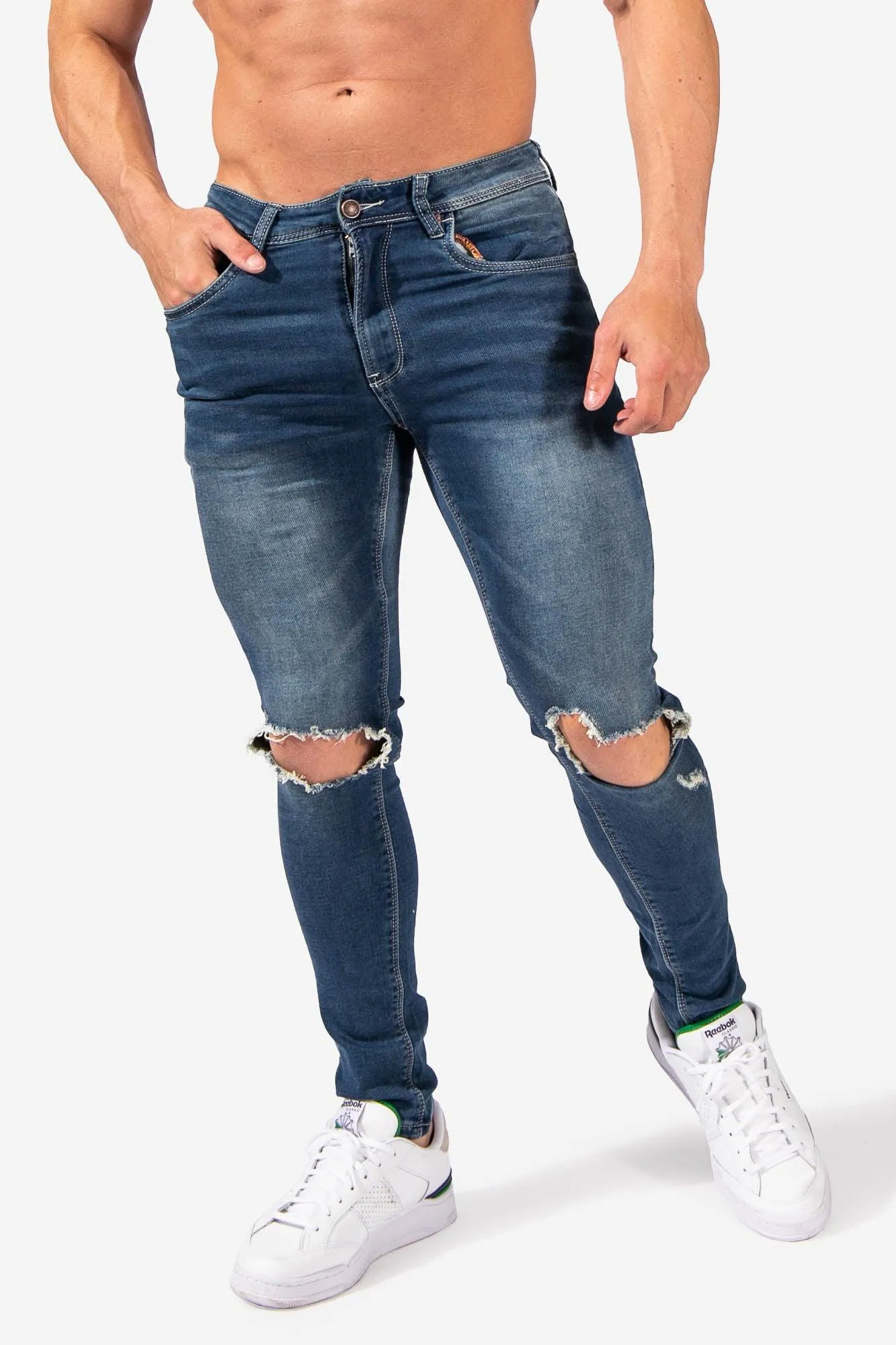 Men's Premium Fitted Stretchy Jeans - Knee Ripped Blue