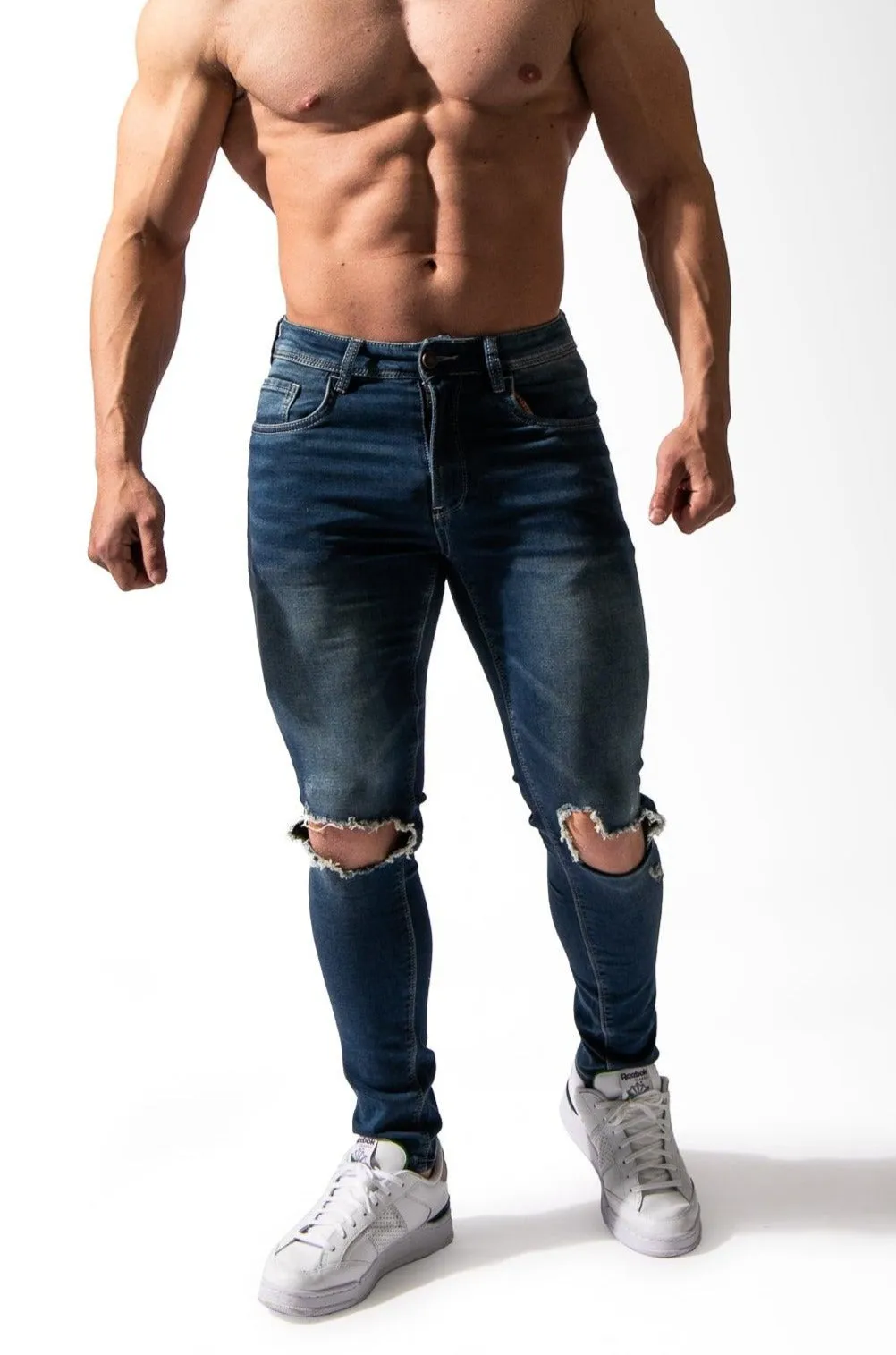 Men's Premium Fitted Stretchy Jeans - Knee Ripped Blue