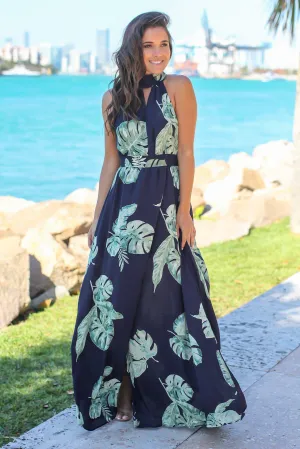 Navy Printed Maxi Dress with Open Back