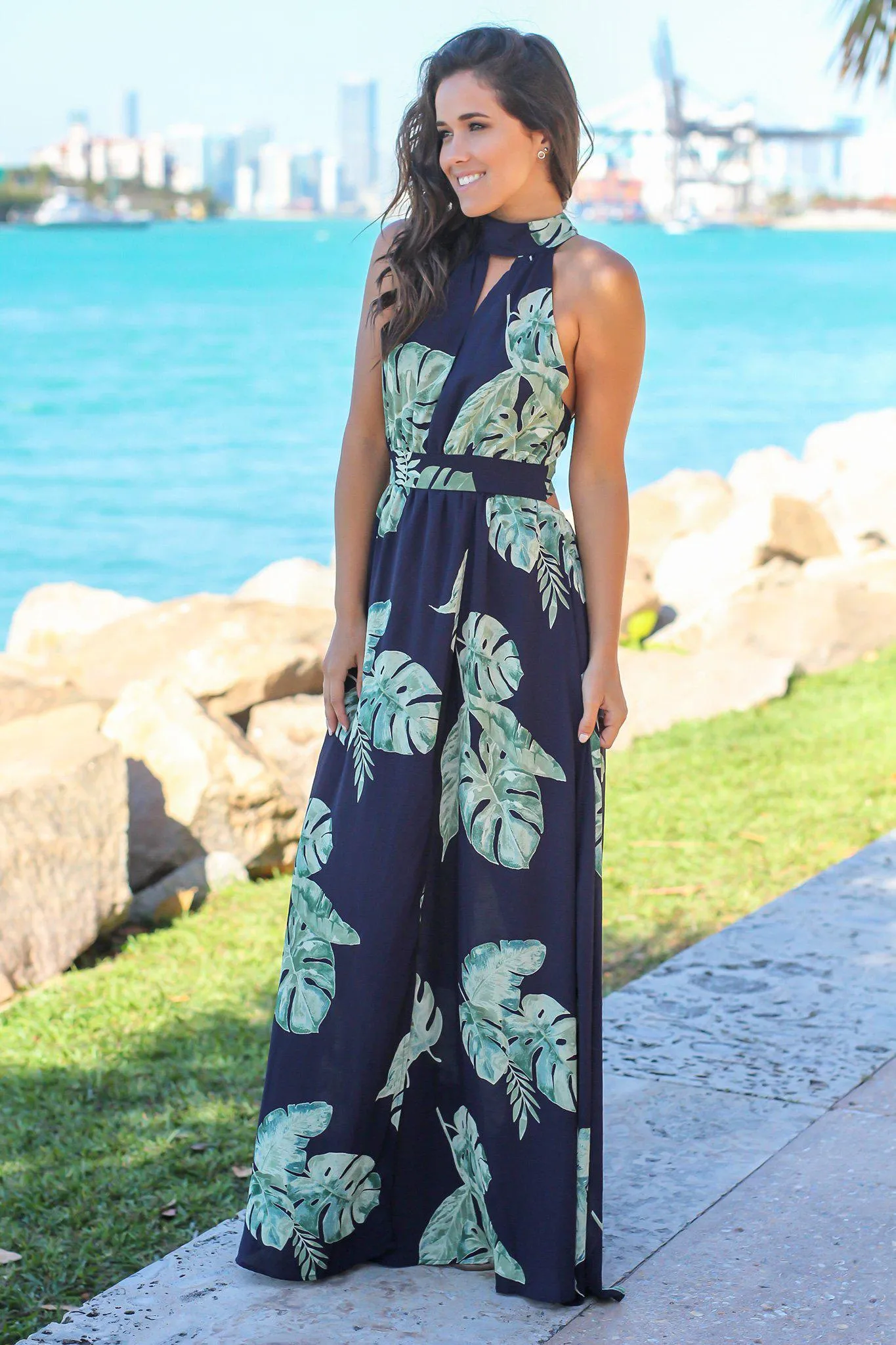 Navy Printed Maxi Dress with Open Back