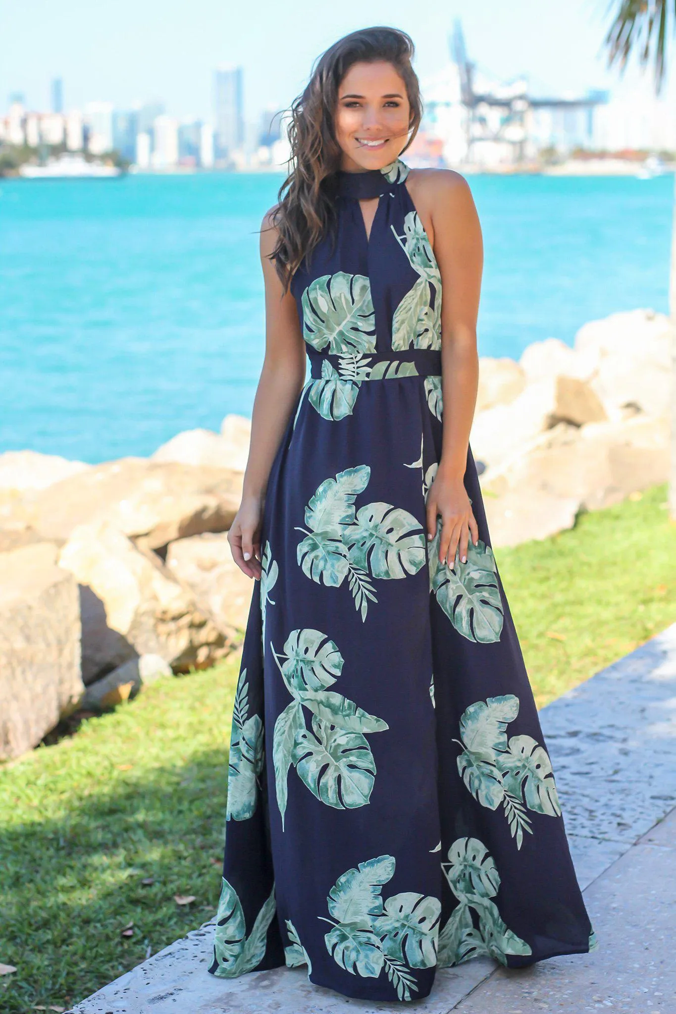 Navy Printed Maxi Dress with Open Back