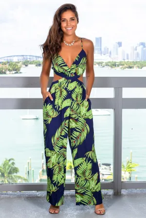 Navy Tropical Printed Jumpsuit