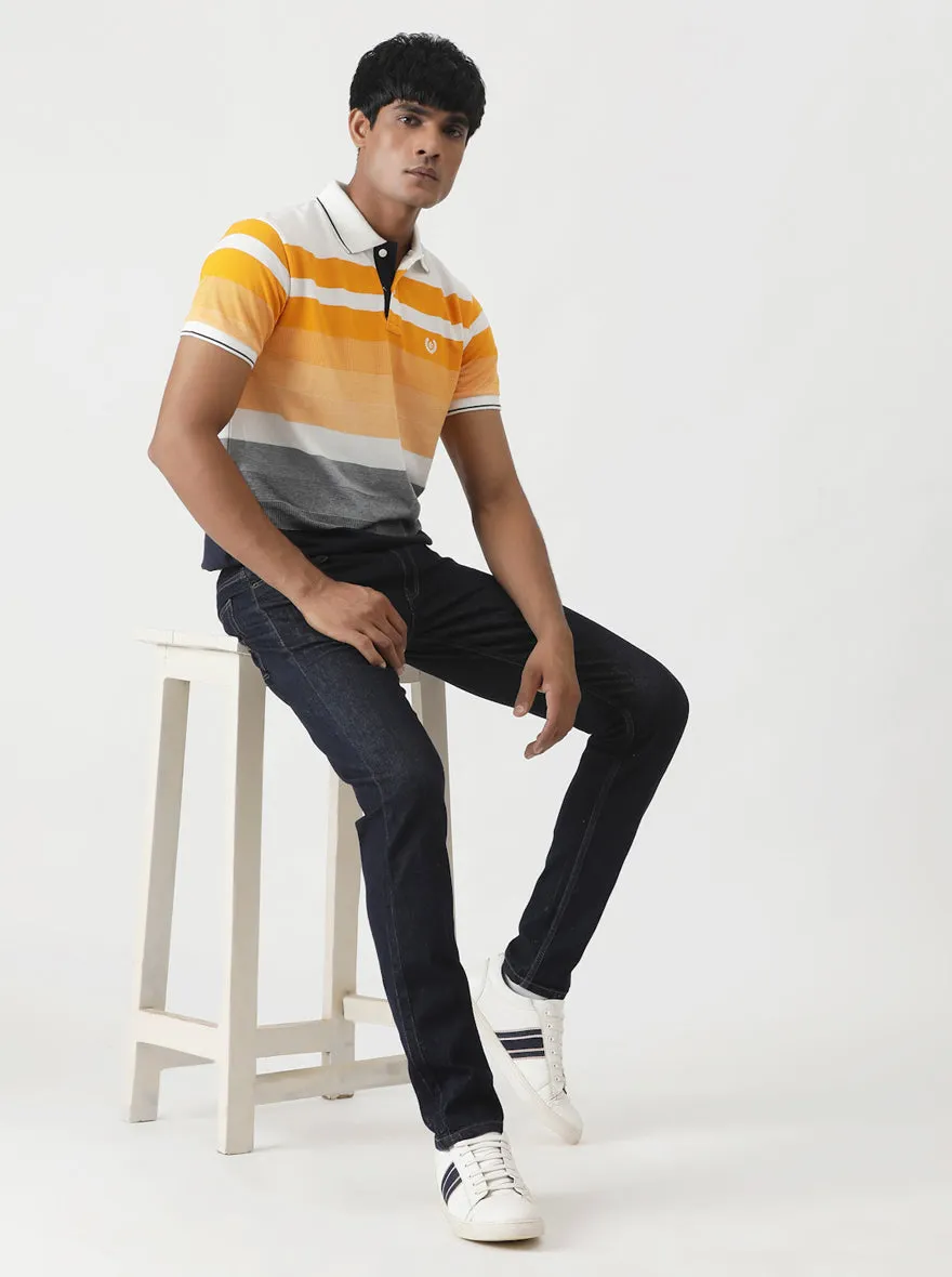 Orange & Navy Blue Striped Slim Fit Polo T-Shirt | Greenfibre