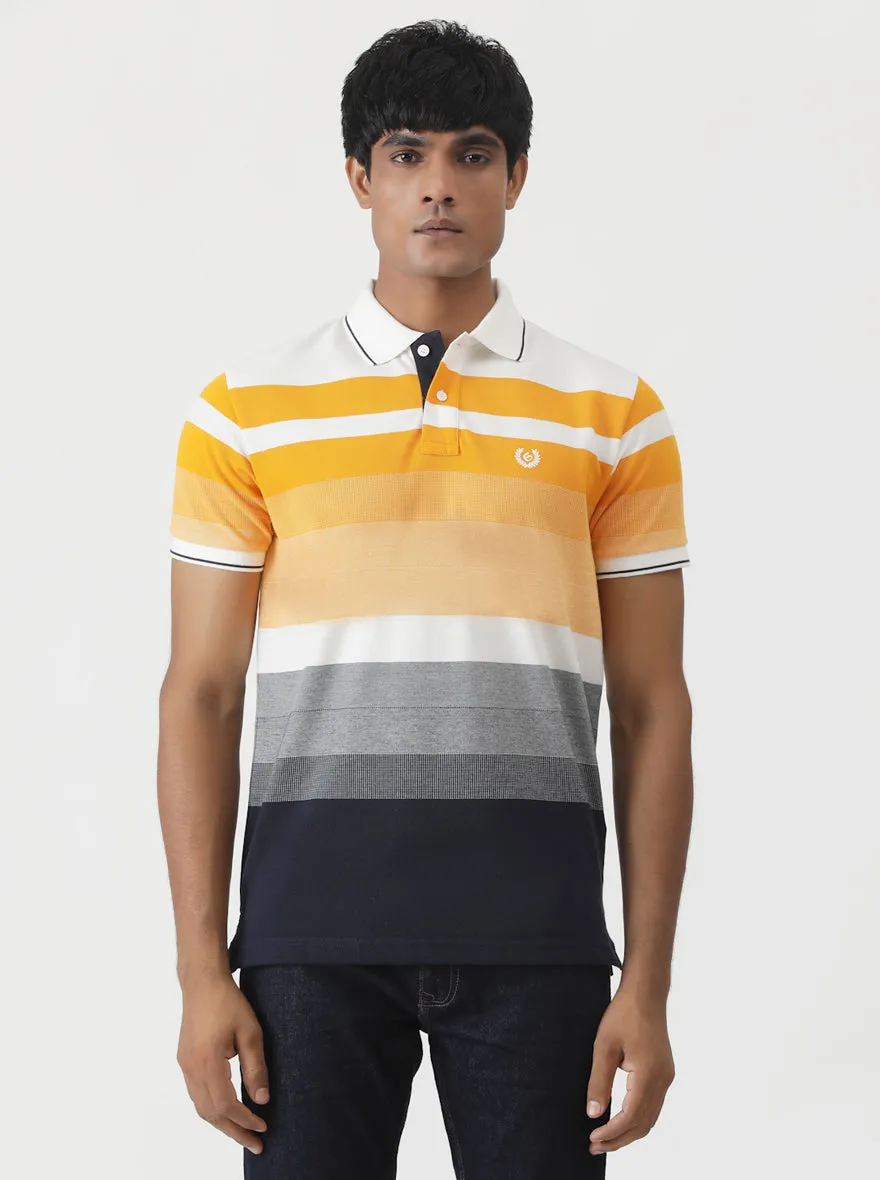 Orange & Navy Blue Striped Slim Fit Polo T-Shirt | Greenfibre