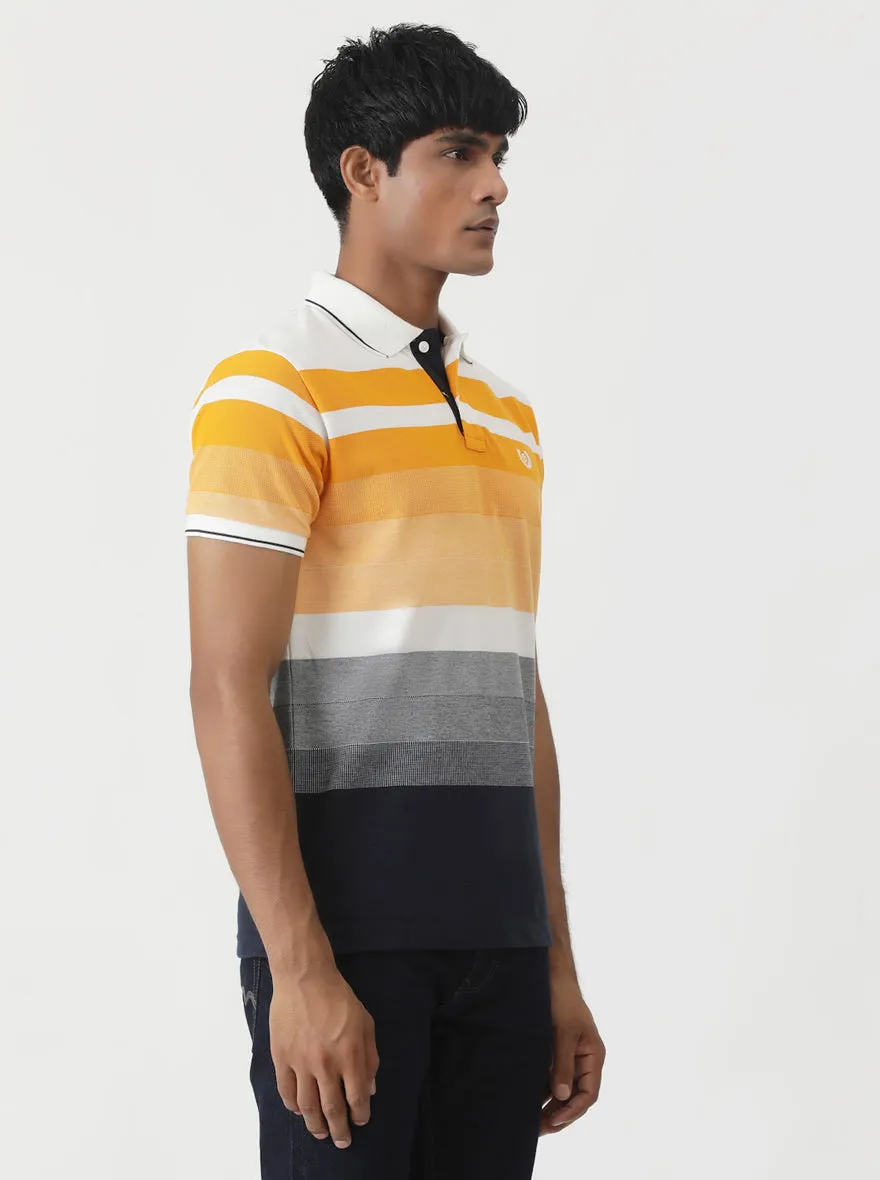 Orange & Navy Blue Striped Slim Fit Polo T-Shirt | Greenfibre