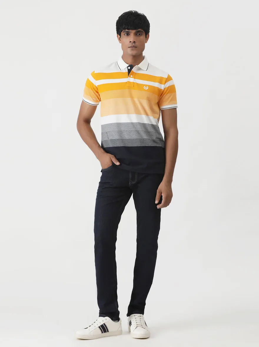 Orange & Navy Blue Striped Slim Fit Polo T-Shirt | Greenfibre