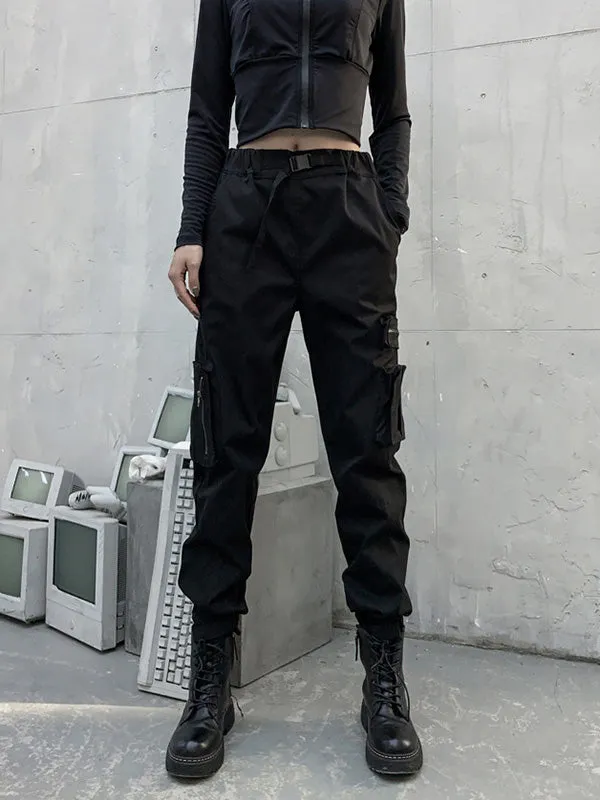 Original Black Pocket Zipper Split-Joint Overalls Pants