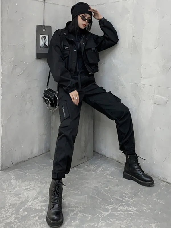 Original Black Pocket Zipper Split-Joint Overalls Pants