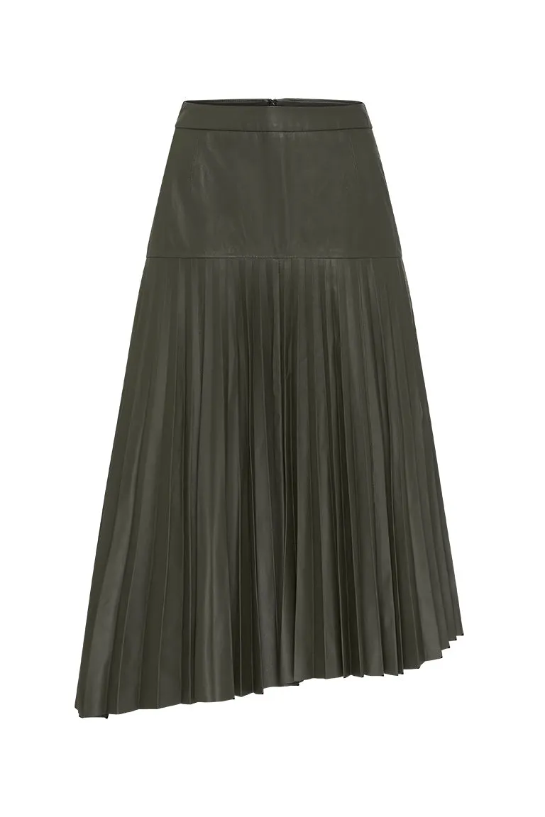 Park Avenue Pleated Skirt Bottlebush Green Leather - SAMPLE